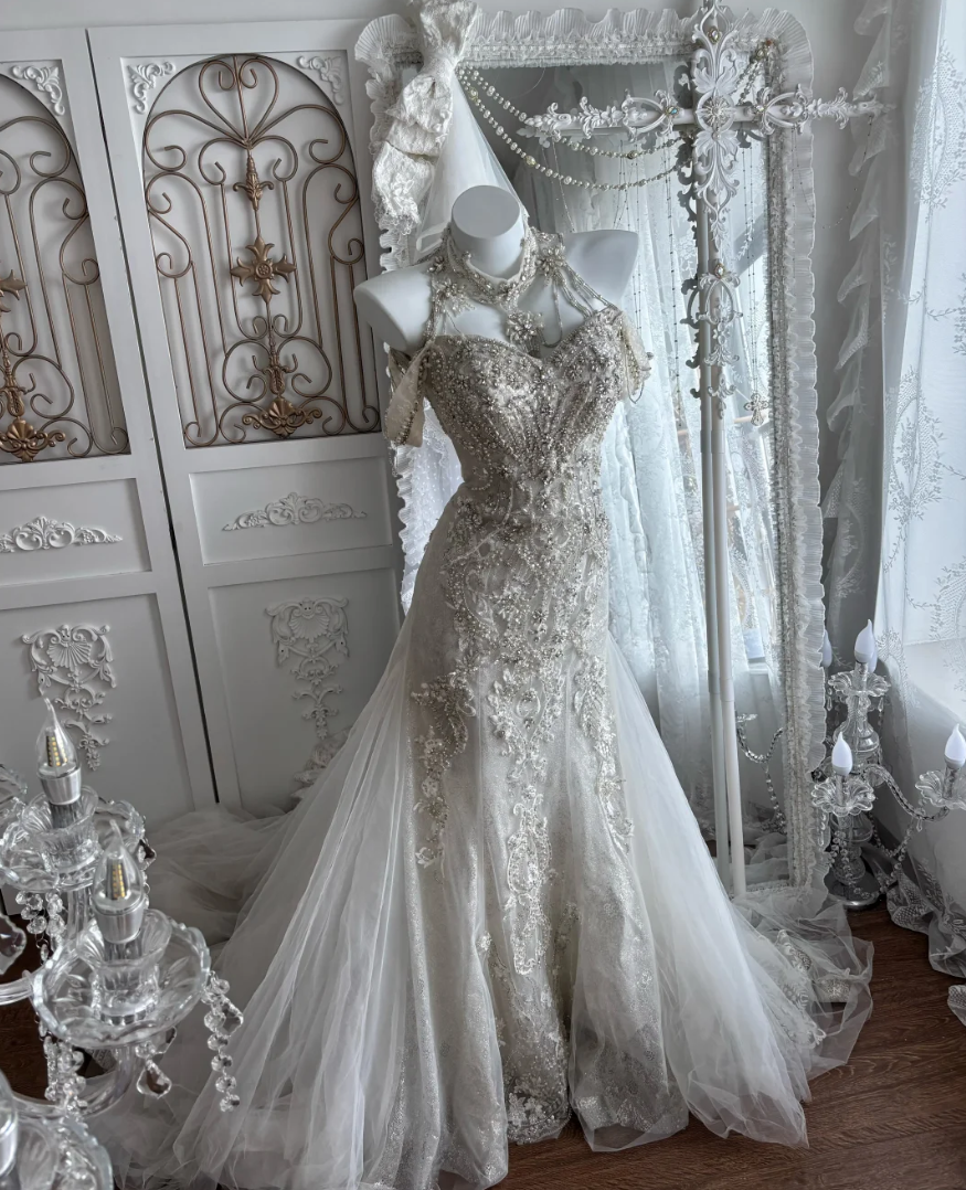 Chic Off-Shoulder White Prom Dress Beading Sequins Mermaid Evening Dress GG7382