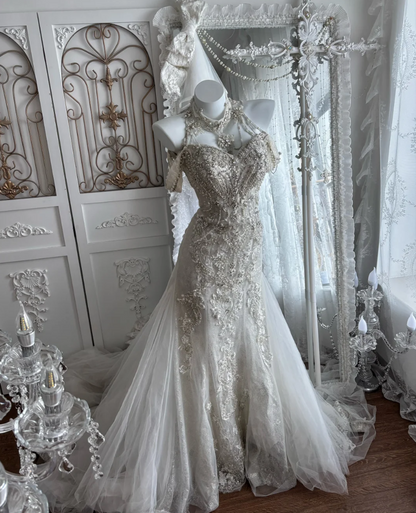 Chic Off-Shoulder White Prom Dress Beading Sequins Mermaid Evening Dress GG7382