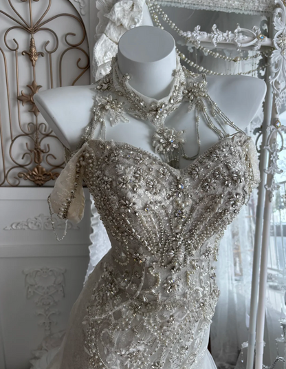 Chic Off-Shoulder White Prom Dress Beading Sequins Mermaid Evening Dress GG7382