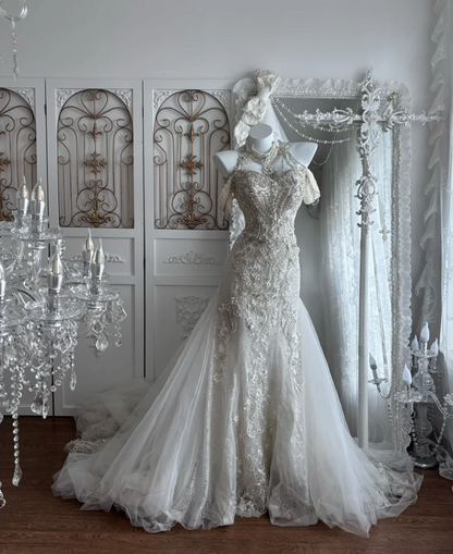 Chic Off-Shoulder White Prom Dress Beading Sequins Mermaid Evening Dress GG7382