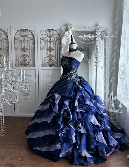 Trendy Strapless Tiered Blue Prom Dress Sequins Flowers A-Line Evening Dress GG7383