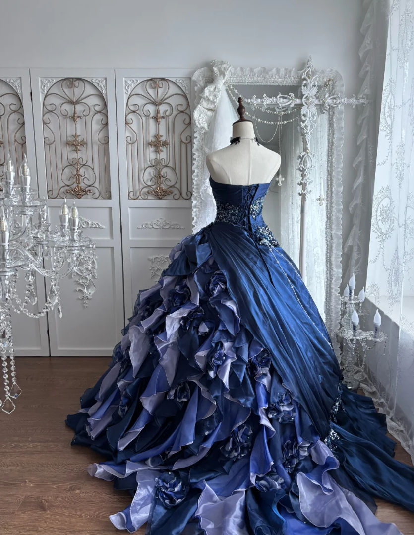 Trendy Strapless Tiered Blue Prom Dress Sequins Flowers A-Line Evening Dress GG7383
