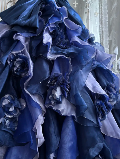 Trendy Strapless Tiered Blue Prom Dress Sequins Flowers A-Line Evening Dress GG7383