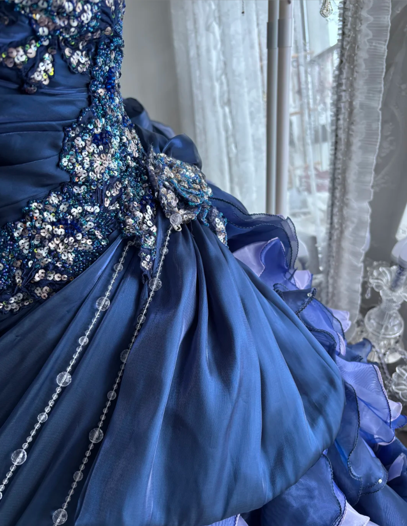 Trendy Strapless Tiered Blue Prom Dress Sequins Flowers A-Line Evening Dress GG7383