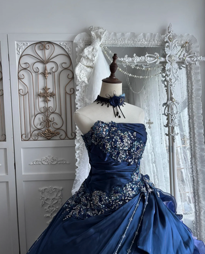 Trendy Strapless Tiered Blue Prom Dress Sequins Flowers A-Line Evening Dress GG7383