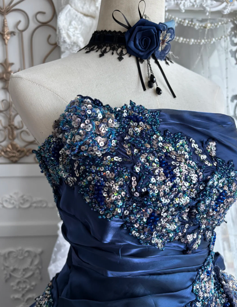 Trendy Strapless Tiered Blue Prom Dress Sequins Flowers A-Line Evening Dress GG7383