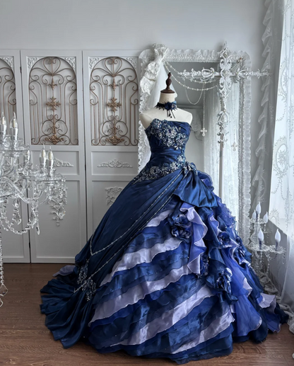 Trendy Strapless Tiered Blue Prom Dress Sequins Flowers A-Line Evening Dress GG7383