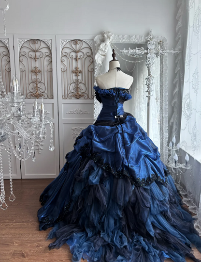 Dreamy Strapless Blue Prom Dress Sequins Flowers A-Line Evening Dress GG7384