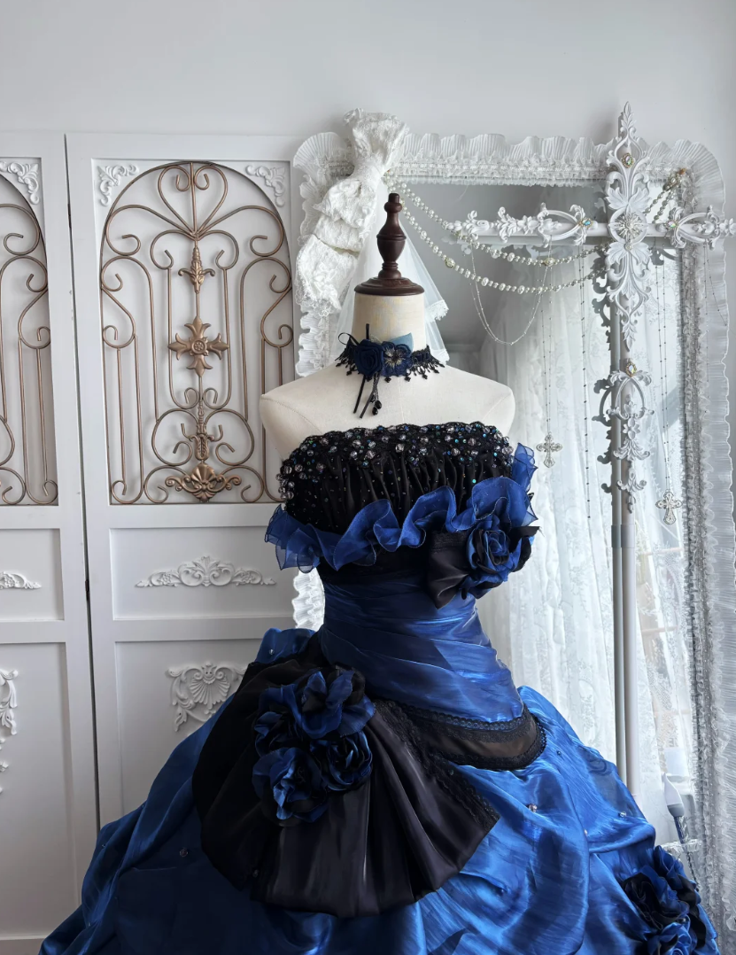 Dreamy Strapless Blue Prom Dress Sequins Flowers A-Line Evening Dress GG7384