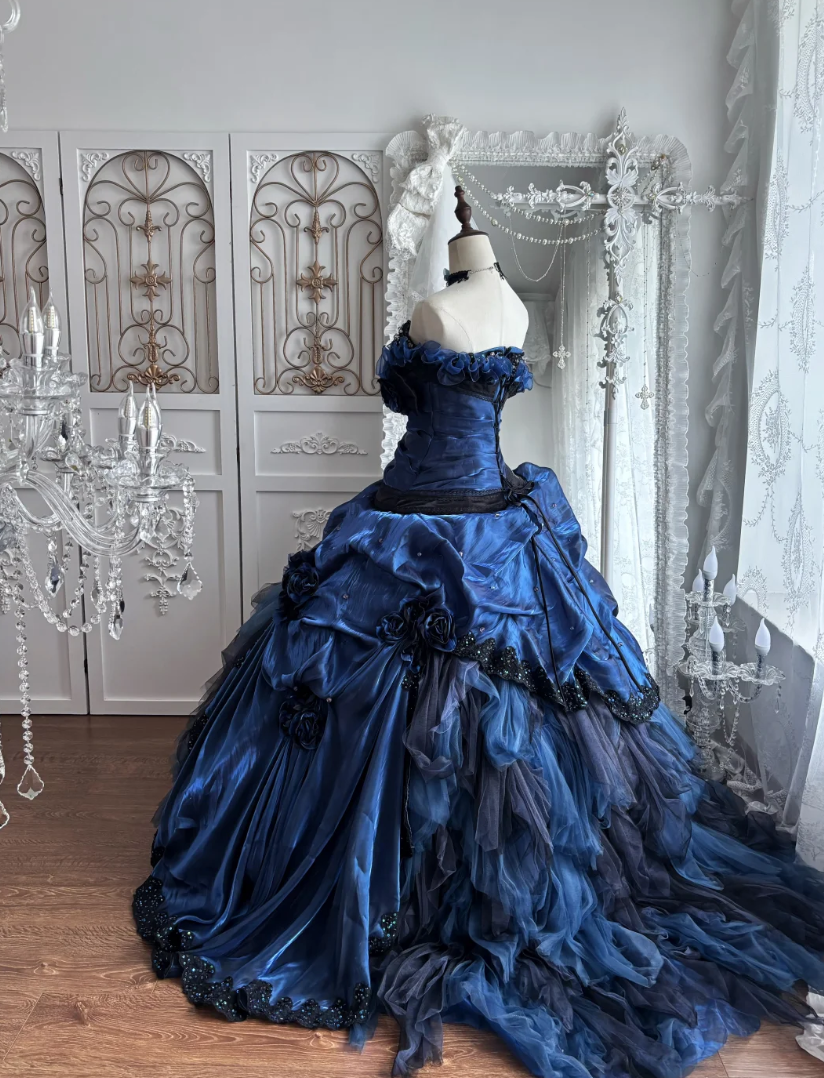 Dreamy Strapless Blue Prom Dress Sequins Flowers A-Line Evening Dress GG7384