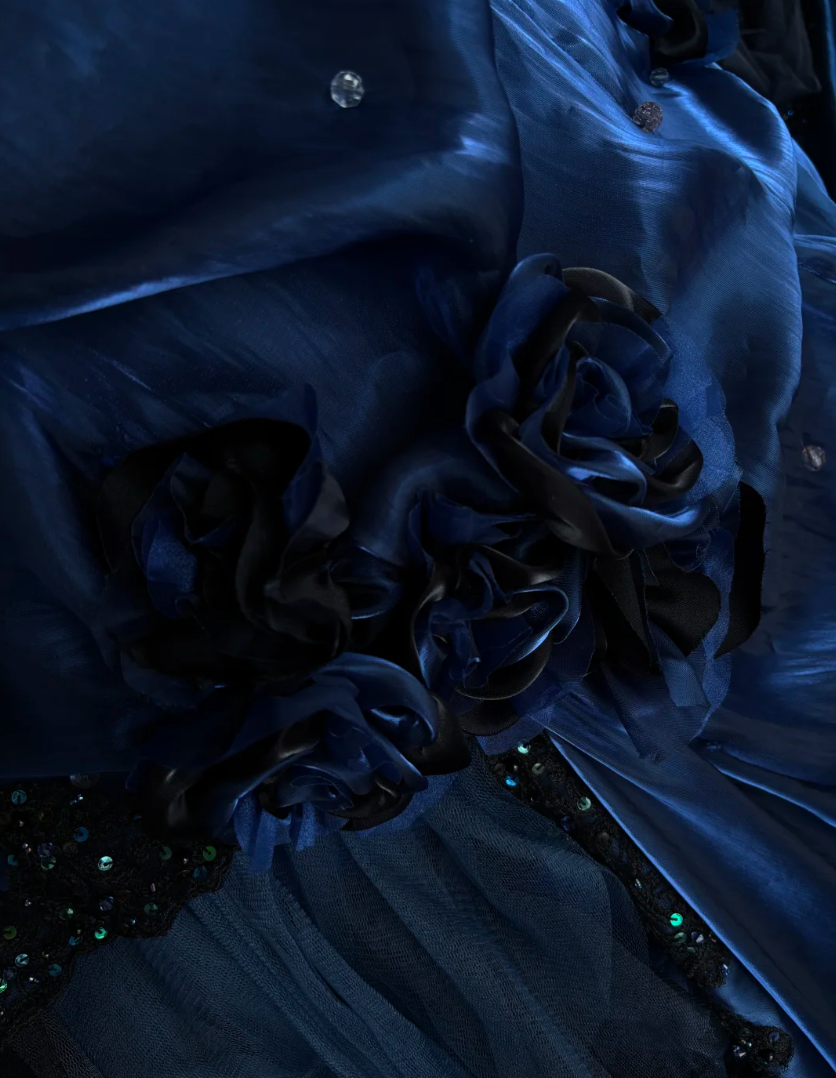 Dreamy Strapless Blue Prom Dress Sequins Flowers A-Line Evening Dress GG7384