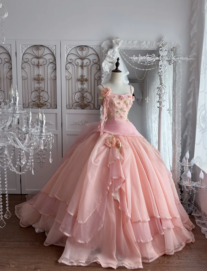 Unique Spaghetti Straps Pink Prom Dress Sequins Appliques Tulle A-Line Evening Dress GG7385