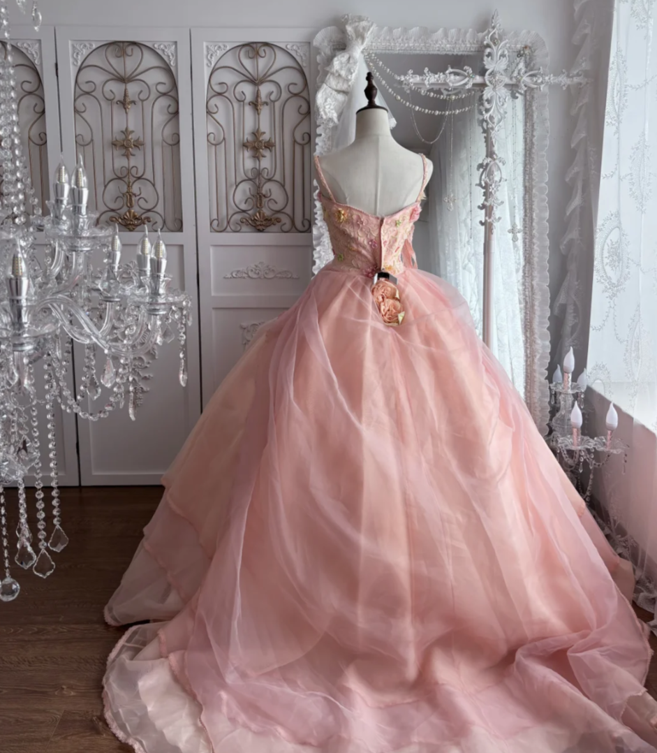 Unique Spaghetti Straps Pink Prom Dress Sequins Appliques Tulle A-Line Evening Dress GG7385
