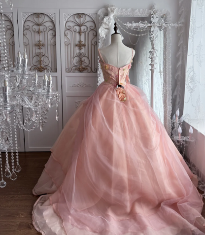 Unique Spaghetti Straps Pink Prom Dress Sequins Appliques Tulle A-Line Evening Dress GG7385