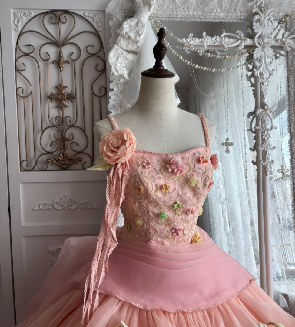 Unique Spaghetti Straps Pink Prom Dress Sequins Appliques Tulle A-Line Evening Dress GG7385
