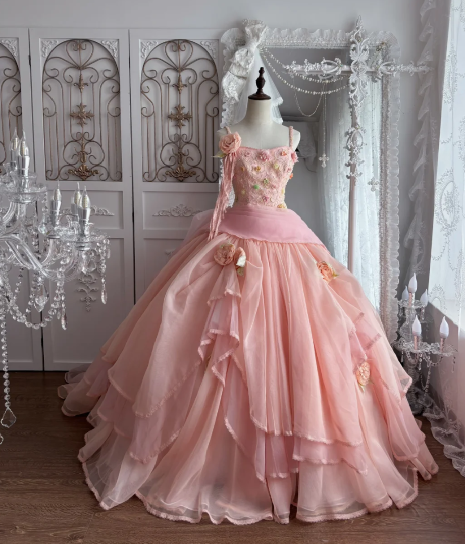 Unique Spaghetti Straps Pink Prom Dress Sequins Appliques Tulle A-Line Evening Dress GG7385