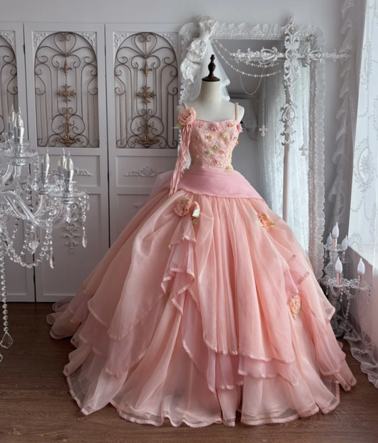 Unique Spaghetti Straps Pink Prom Dress Sequins Appliques Tulle A-Line Evening Dress GG7385