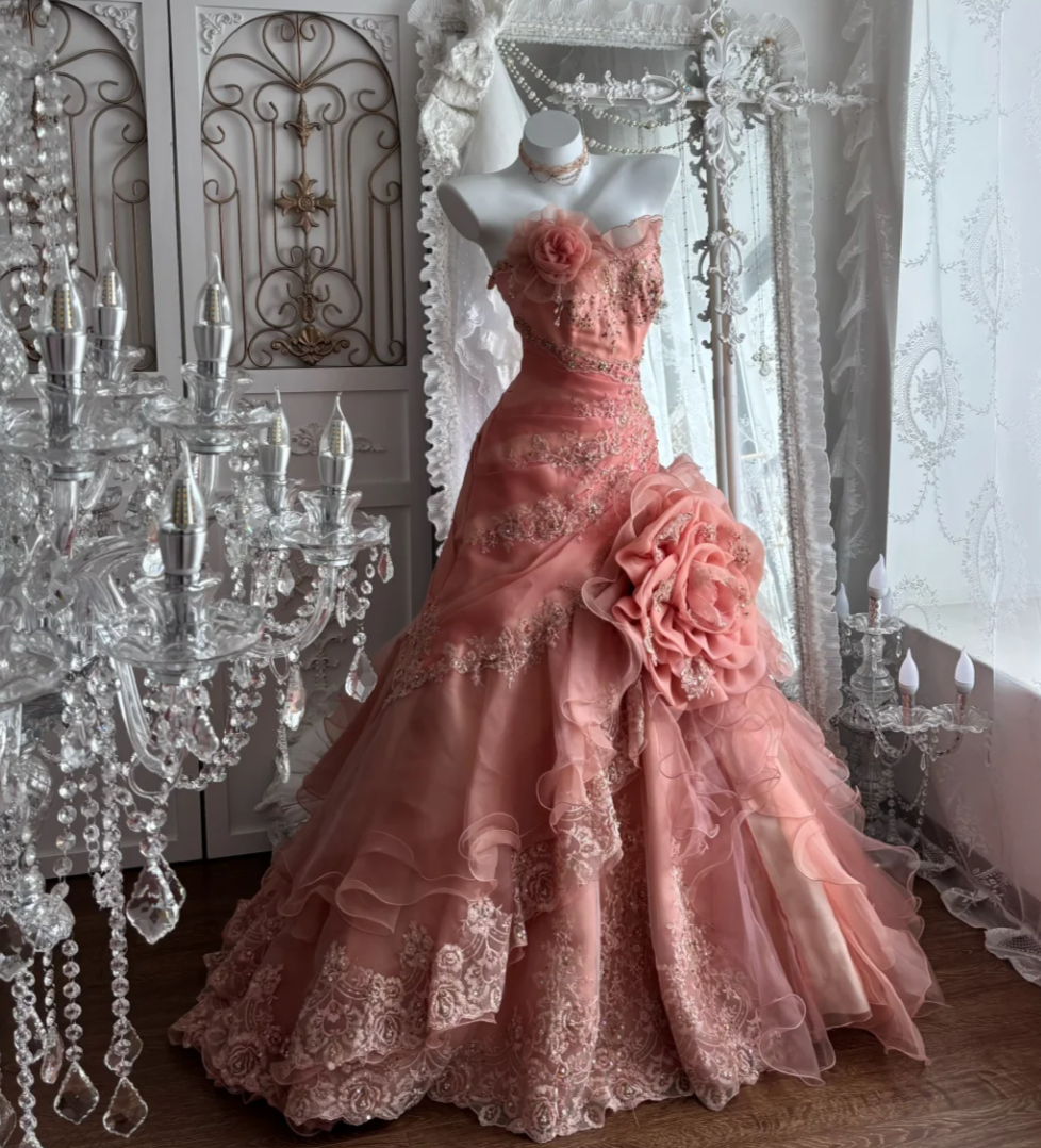 Charming Strapless Pink Prom Dress Sequins Handmade Flowers Mermaid Evening Dress GG7386