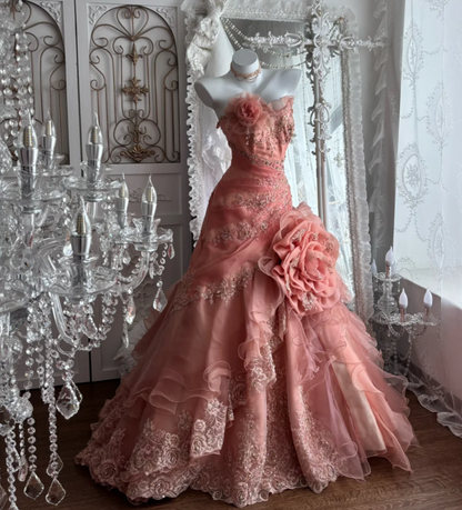 Charming Strapless Pink Prom Dress Sequins Handmade Flowers Mermaid Evening Dress GG7386