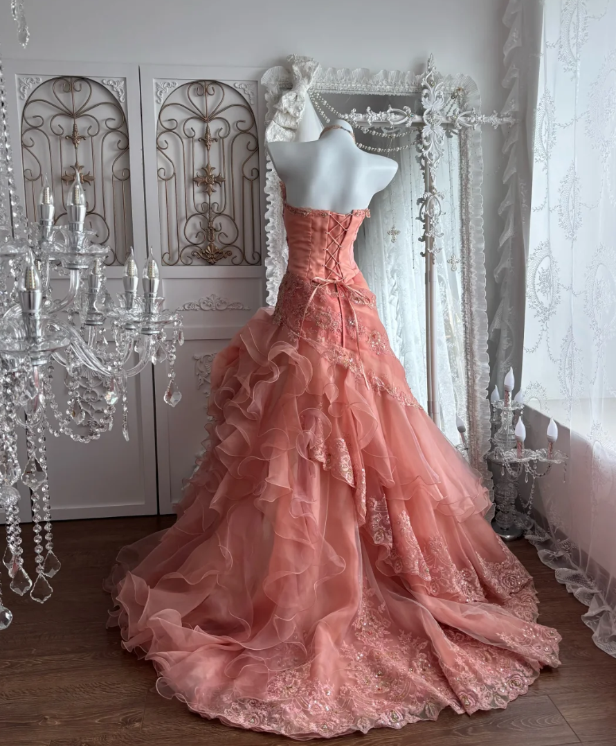 Charming Strapless Pink Prom Dress Sequins Handmade Flowers Mermaid Evening Dress GG7386
