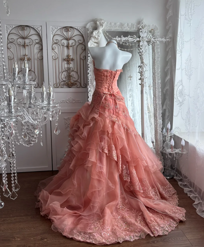 Charming Strapless Pink Prom Dress Sequins Handmade Flowers Mermaid Evening Dress GG7386