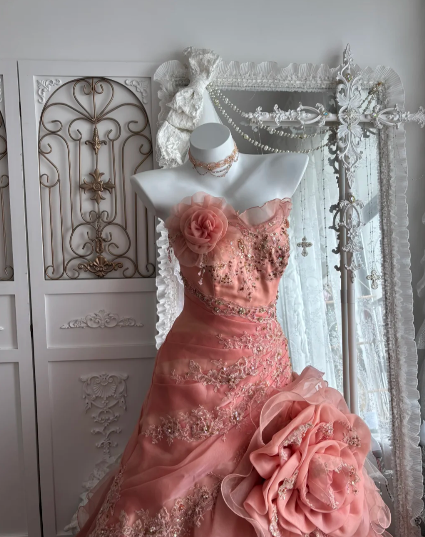 Charming Strapless Pink Prom Dress Sequins Handmade Flowers Mermaid Evening Dress GG7386