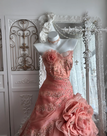 Charming Strapless Pink Prom Dress Sequins Handmade Flowers Mermaid Evening Dress GG7386