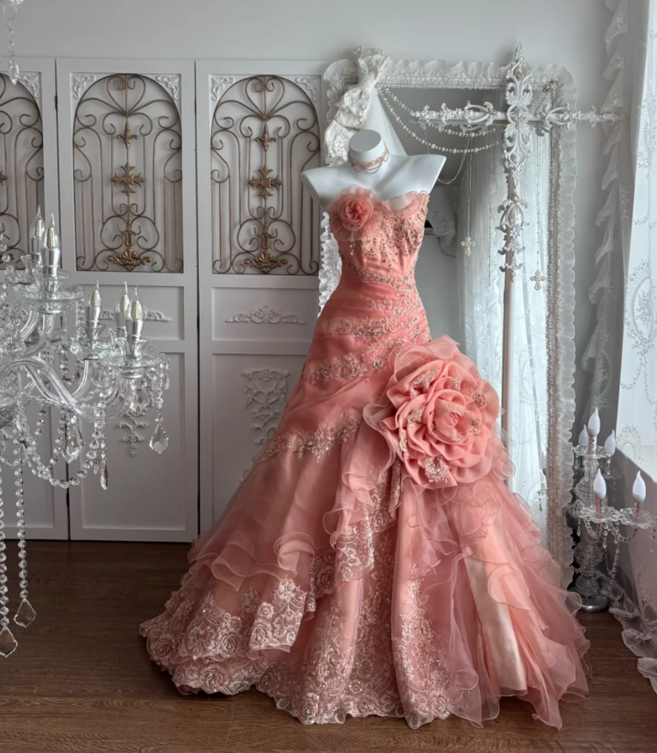 Charming Strapless Pink Prom Dress Sequins Handmade Flowers Mermaid Evening Dress GG7386