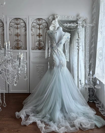 Vintage Jewel Neck Blue Prom Dress Appliques Tulle Mermaid Evening Dress GG7388