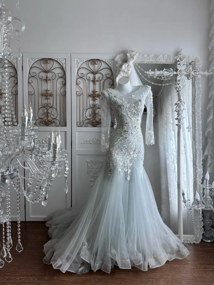 Vintage Jewel Neck Blue Prom Dress Appliques Tulle Mermaid Evening Dress GG7388