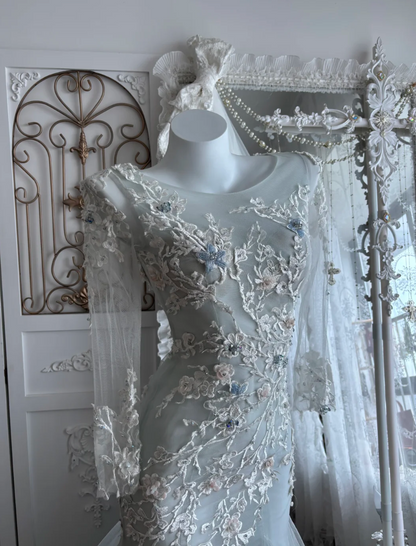 Vintage Jewel Neck Blue Prom Dress Appliques Tulle Mermaid Evening Dress GG7388