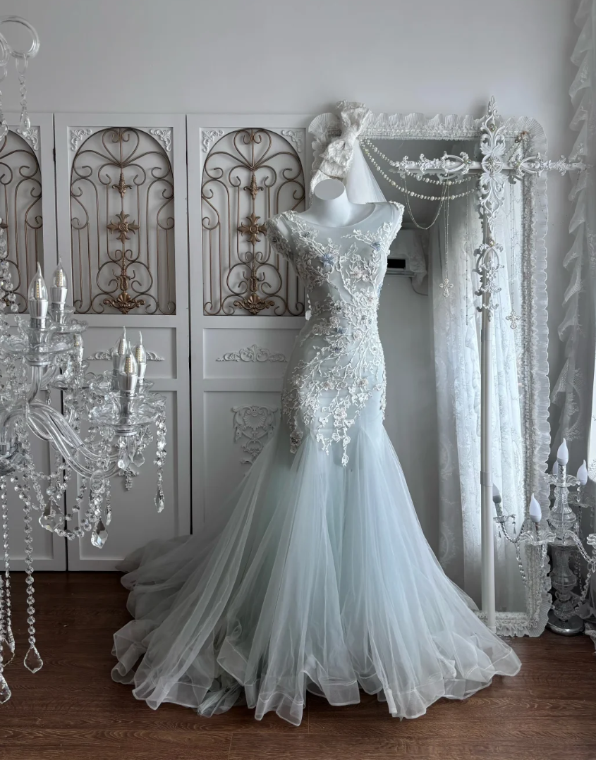 Vintage Jewel Neck Blue Prom Dress Appliques Tulle Mermaid Evening Dress GG7388