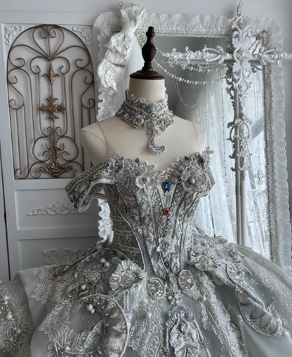 Exquisite Off-Shoulder Wedding Dress Beading Rhinestones A-Line Bridal Dress GG7389