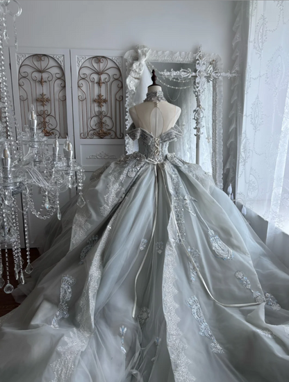 Exquisite Off-Shoulder Wedding Dress Beading Rhinestones A-Line Bridal Dress GG7389