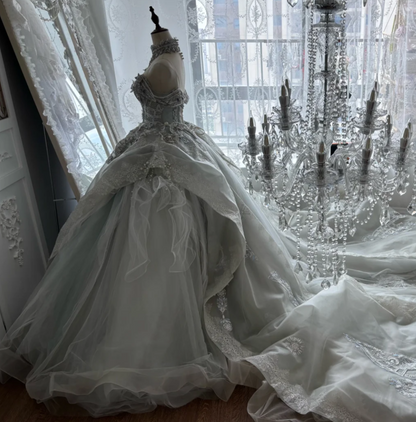 Exquisite Off-Shoulder Wedding Dress Beading Rhinestones A-Line Bridal Dress GG7389