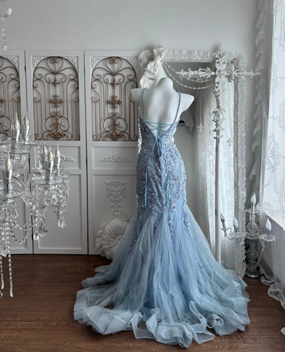 Glamorous Spaghetti Straps Blue Prom Dress Sequins Mermaid Evening Dress GG7391