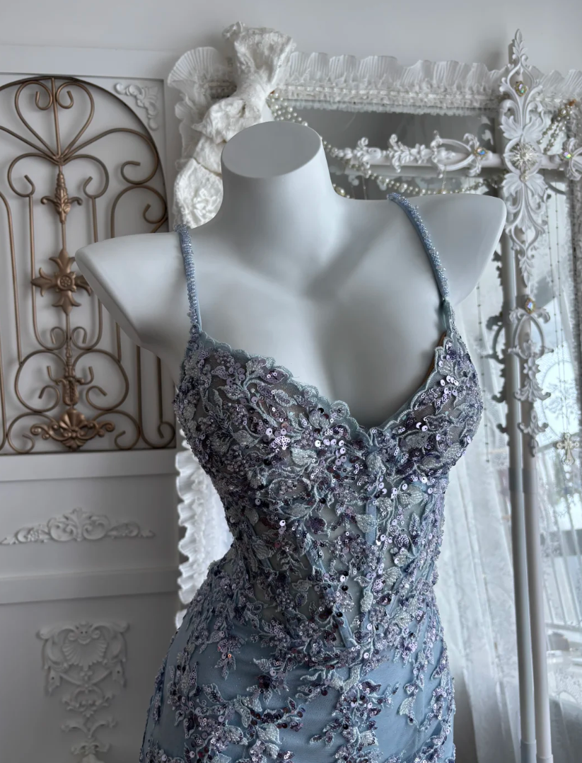 Glamorous Spaghetti Straps Blue Prom Dress Sequins Mermaid Evening Dress GG7391