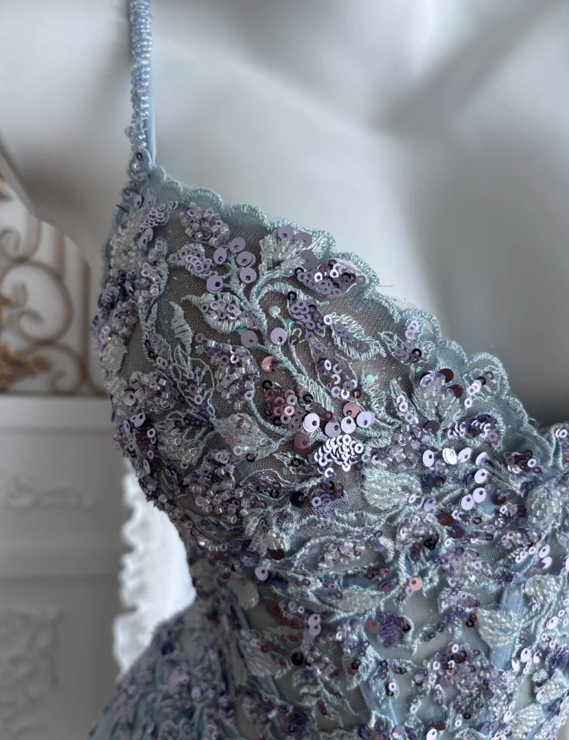 Glamorous Spaghetti Straps Blue Prom Dress Sequins Mermaid Evening Dress GG7391