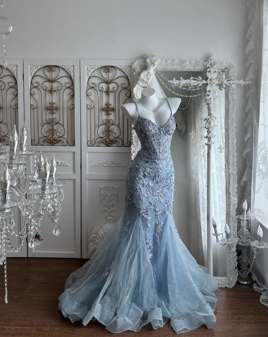 Glamorous Spaghetti Straps Blue Prom Dress Sequins Mermaid Evening Dress GG7391
