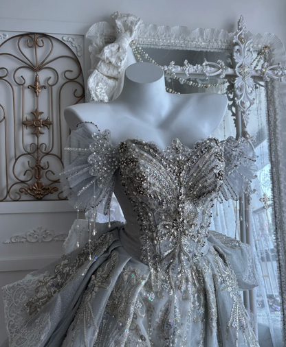 Exquisite Off-Shoulder Silver Homecoming Dress Sequins Beaded A-Line Birthday Dress GG7393