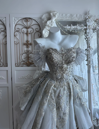 Exquisite Off-Shoulder Silver Homecoming Dress Sequins Beaded A-Line Birthday Dress GG7393