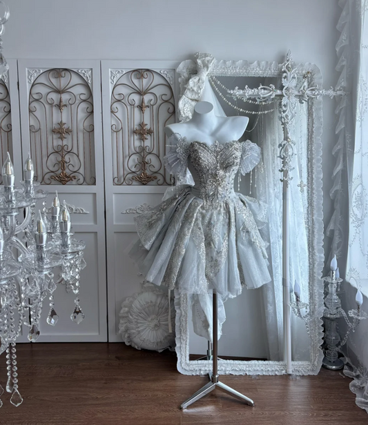 Exquisite Off-Shoulder Silver Homecoming Dress Sequins Beaded A-Line Birthday Dress GG7393