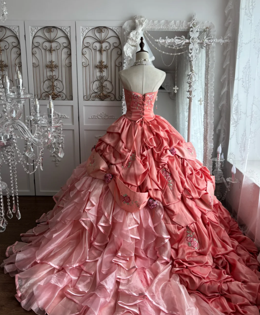 Chic Strapless Pink Prom Dress Ruffles Floral A-Line Evening Dress GG7394