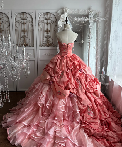 Chic Strapless Pink Prom Dress Ruffles Floral A-Line Evening Dress GG7394