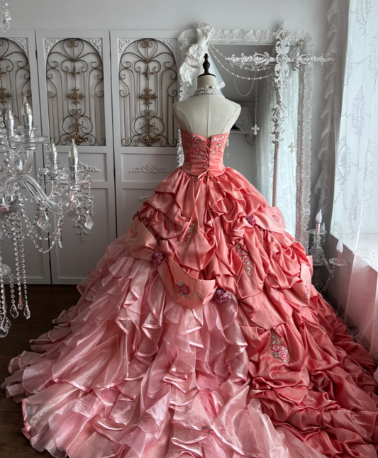 Chic Strapless Pink Prom Dress Ruffles Floral A-Line Evening Dress GG7394