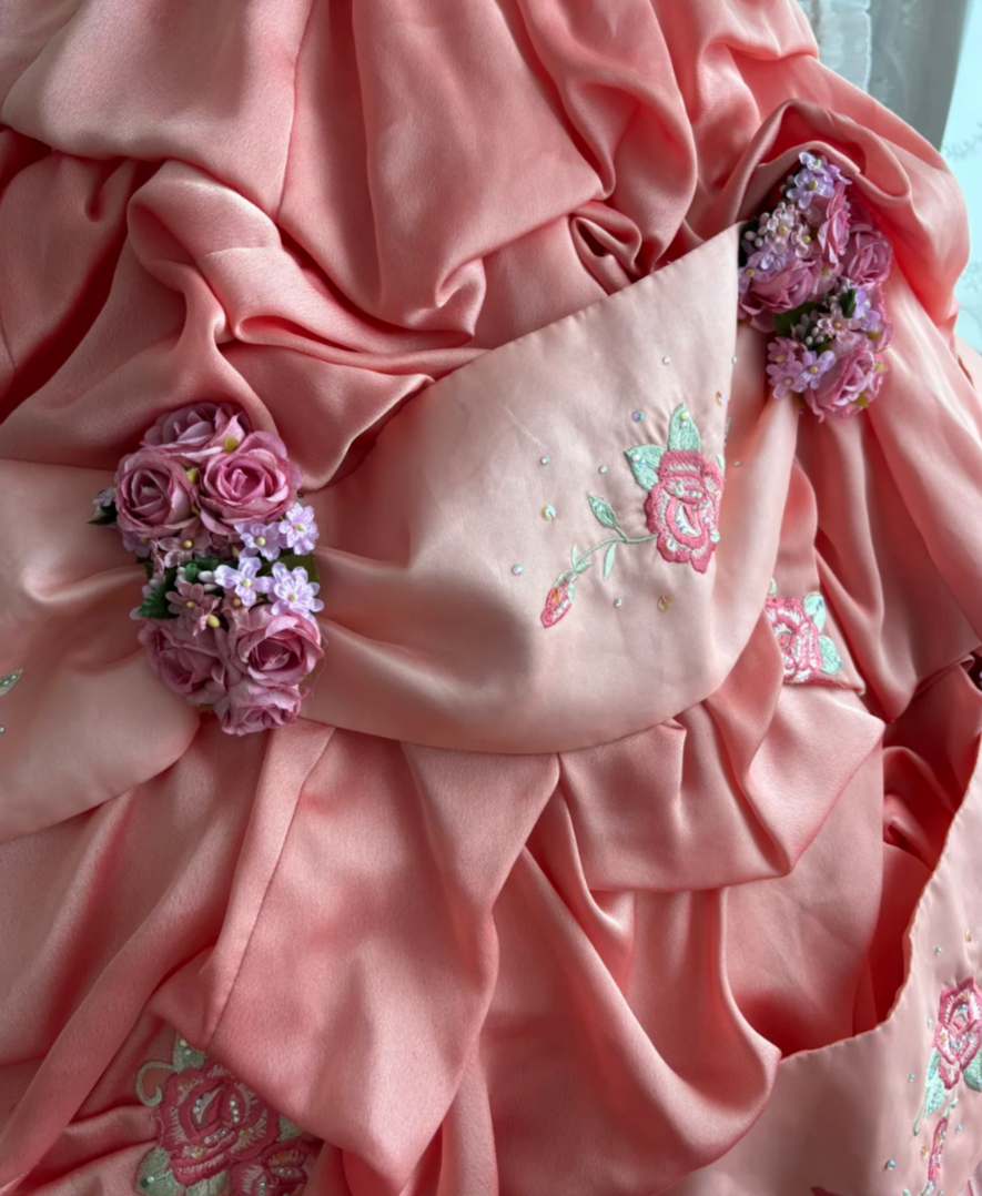 Chic Strapless Pink Prom Dress Ruffles Floral A-Line Evening Dress GG7394