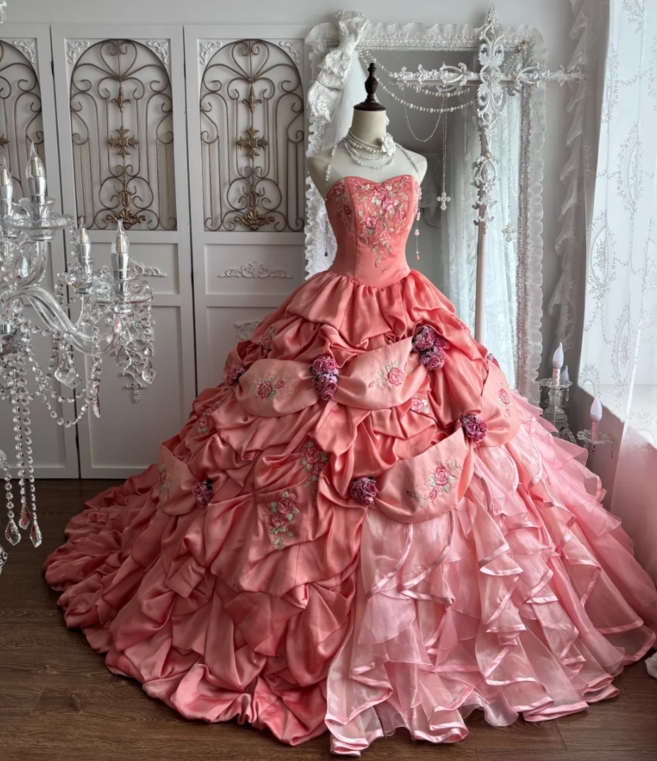 Chic Strapless Pink Prom Dress Ruffles Floral A-Line Evening Dress GG7394