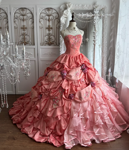Chic Strapless Pink Prom Dress Ruffles Floral A-Line Evening Dress GG7394