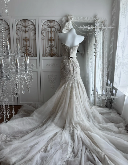 Attractive Strapless Wedding Dress Beading Tulle Mermaid Bridal Dress GG7398