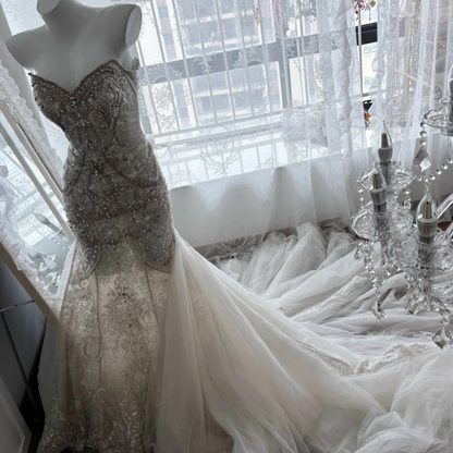 Attractive Strapless Wedding Dress Beading Tulle Mermaid Bridal Dress GG7398